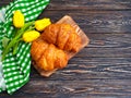 Fresh croissant on wooden background bread, table, french