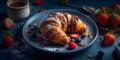 Fresh croissants with berries and coffee on dark blue background