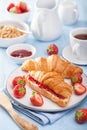 Fresh croissants with jam and strawberry for breakfast