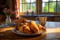 Fresh croissants with orange juice, delicious breakfast.