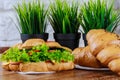 Fresh croissants with pork chicken tomatoes cucumbers salad on a white plate on a wooden table Royalty Free Stock Photo