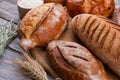 Fresh crusty bread and wheat ears on wooden background. Royalty Free Stock Photo