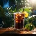 Fresh cuba libre cocktail with rum and cola cocktail in glass with a lime and mint on a dark mystical background. Royalty Free Stock Photo