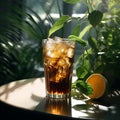 Fresh cuba libre cocktail with rum and cola cocktail in glass with a lime and mint on a dark mystical background Royalty Free Stock Photo