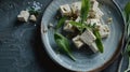 Fresh Cubed Tofu with Green Herbs on a Ceramic Plate