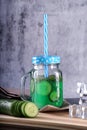 Fresh Cucumber Juice in a Mason Jar with ice cubes Royalty Free Stock Photo