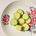 Fresh cucumber salad on white plate. Sliced fresh cucumbers