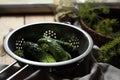 Fresh cucumbers in colander and other ingredients prepared for canning on wooden table, closeup Royalty Free Stock Photo