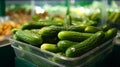 Fresh cucumbers on the counter display. Product for salads, low-calorie tasty vegetable for a healthy snack