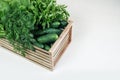 Fresh cucumbers , green onions, dill and lettuce in a wooden box. Royalty Free Stock Photo