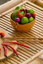 Fresh culinary ingredients for sauce guacamole on bamboo. Royalty Free Stock Photo