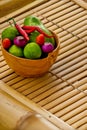 Fresh culinary ingredients for sauce guacamole on bamboo. Royalty Free Stock Photo