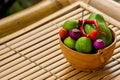 Fresh culinary ingredients for sauce guacamole on bamboo. Royalty Free Stock Photo