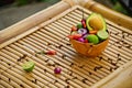 Fresh culinary ingredients for sauce guacamole on bamboo. Royalty Free Stock Photo