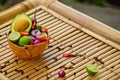 Fresh culinary ingredients for sauce guacamole on bamboo. Royalty Free Stock Photo