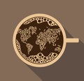 fresh cup of coffee with foam in the shape of a world map in vector punched holes Royalty Free Stock Photo