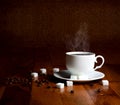 Fresh cup of hot coffee with sugar and natural grains Royalty Free Stock Photo