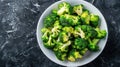 Fresh cut broccoli florets on a white plate