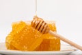 Fresh cut comb honey and wooden dipper on white Royalty Free Stock Photo