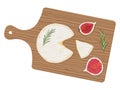 Fresh cut cylinder of camembert de Normandie cheese with rosemary and figs on a wooden cutting board, top view. Vector illustratio