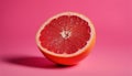 A fresh cut grapefruit on a pink background