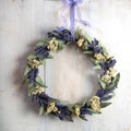 Fresh cut homemade lavender and yarrow wreath in white wood Royalty Free Stock Photo