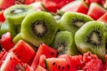 Fresh Cut Kiwi and Watermelon Pieces Closeup - Healthy Eating, Tropical Fruit Salad, Juicy Snack Texture Background Royalty Free Stock Photo