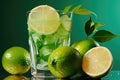 Fresh cut lime or lemon fruit close-up and a glass of juice Royalty Free Stock Photo