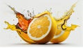 Fresh Cut or Off Yellow Lemon Fruit Splashing into Water on White Background AI Generative Royalty Free Stock Photo