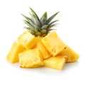 Fresh cut pineapple isolated. Whole pineapple with slice, piece and leaves. Whole and cut pineapple on white. Full depth of field Royalty Free Stock Photo