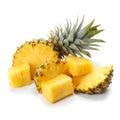 Fresh cut pineapple isolated. Whole pineapple with slice, piece and leaves. Whole and cut pineapple on white. Full depth of field Royalty Free Stock Photo
