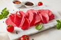 Fresh cut salami on cutting board Royalty Free Stock Photo