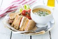 Fresh cut sandwich bowl of vegetable soup Royalty Free Stock Photo