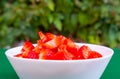 Fresh cut strawberries in a white bowl Royalty Free Stock Photo