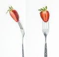 Fresh cut strawberry on fork, front and side view, on white Royalty Free Stock Photo