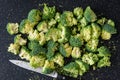 Fresh cut up florets of broccoli ready for cooking, large black cutting board, paring knife Royalty Free Stock Photo