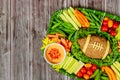 Fresh cut vegetable platter with meatloaf for american football game party