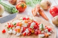 Fresh cut vegetables on the chopping board. Royalty Free Stock Photo