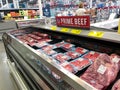 Fresh cuts of Prime Beef meat in the refridgerated meat aisle of a Sams Club grocery store ready to be purchased by consumers