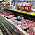 Fresh cuts of Prime Beef meat in the refridgerated meat aisle of a Sams Club grocery store ready to be purchased by consumers