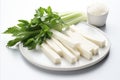 Fresh daikon radish on clean white backdrop, ideal for eye catching ads and packaging designs