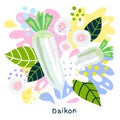 Fresh daikon radish vegetable juice splash organic food vegetables condiment spice splatter