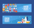 Fresh dairy products banner, vector illustration. Milk, yogurt, cottage cheese, whipped cream and ice cream icons. Local Royalty Free Stock Photo