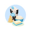 Fresh dairy products. Cheese, pack of milk, butter and bowl of cottage cheese. Flat vector for advertising poster or