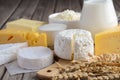 Fresh dairy products. Milk, cheese, brie, Camembert, butter, yogurt, cottage cheese and eggs on wooden table.