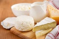 Fresh dairy products. Milk, cheese, brie, camembert and cottage cheese on the wooden background. Royalty Free Stock Photo