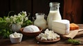 Fresh dairy products, milk, cottage cheese, eggs, yogurt, sour cream and butter on wooden table Royalty Free Stock Photo
