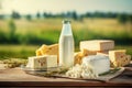 Fresh dairy products, milk, different cheese on wooden tabletop and blurred landscape. Generative AI Royalty Free Stock Photo