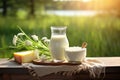 Fresh dairy products, milk, different cheese on wooden tabletop and blurred landscape. Generative AI Royalty Free Stock Photo