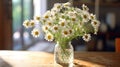 Fresh Daisies in clear glass vase, white marguerite, with garden background. Generative AI Royalty Free Stock Photo